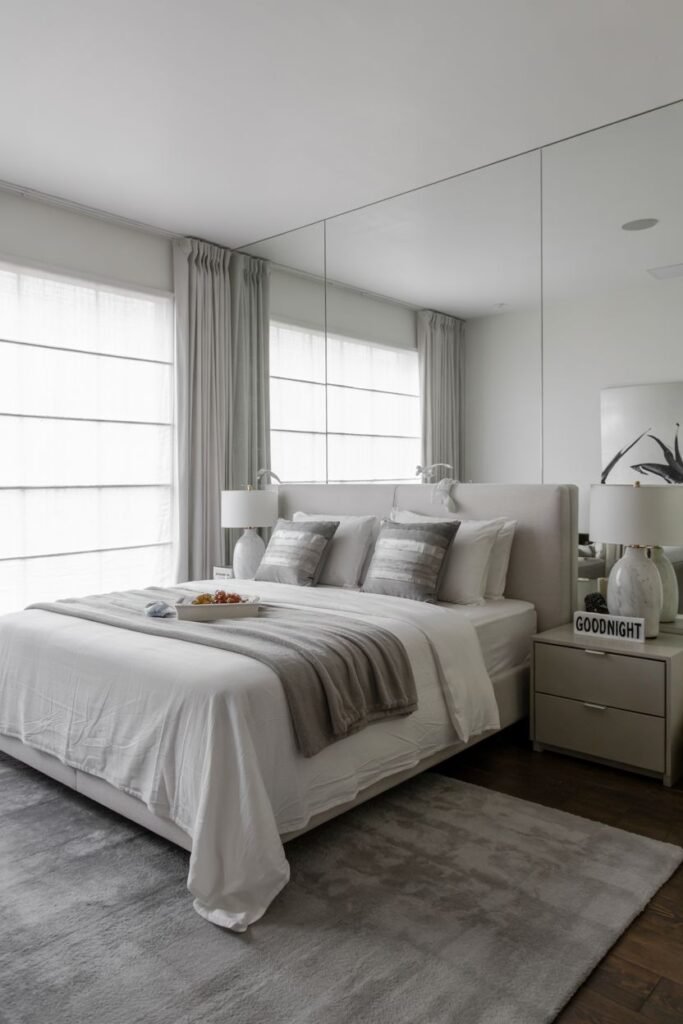 A grey and white bedroom with warm lighting and a grey rug is shown. The bed has white linens and grey patterned pillows. Mirrored panels are on one wall.