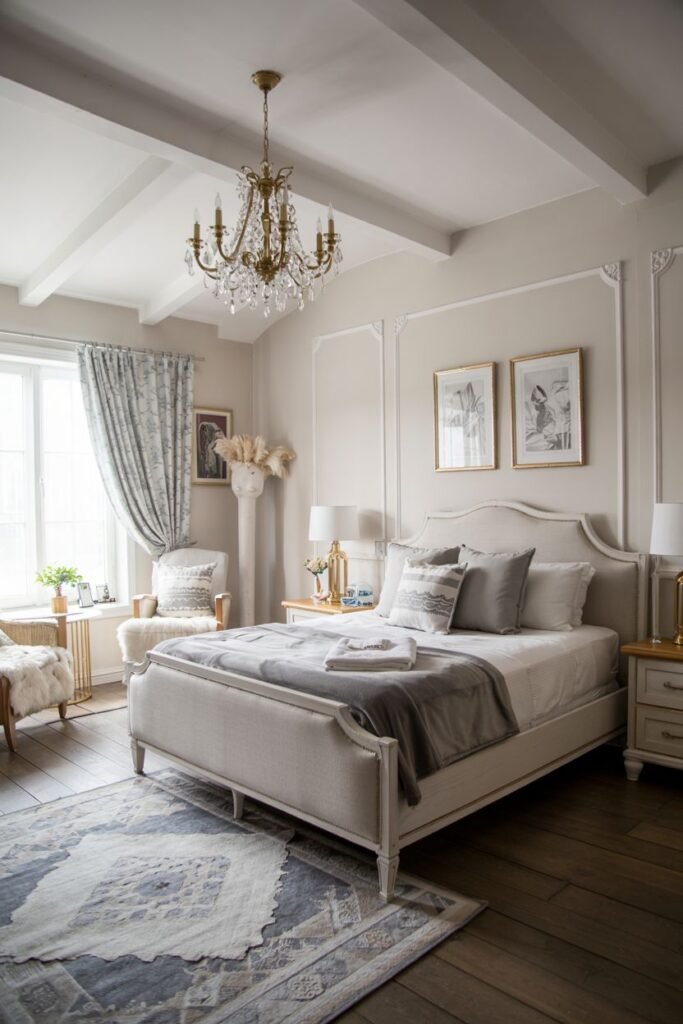 This image features a grey and white bedroom with warm wooden floors and a brass chandelier. The bed has white and grey bedding and pillows. White nightstands and a seating area by the window are visible.