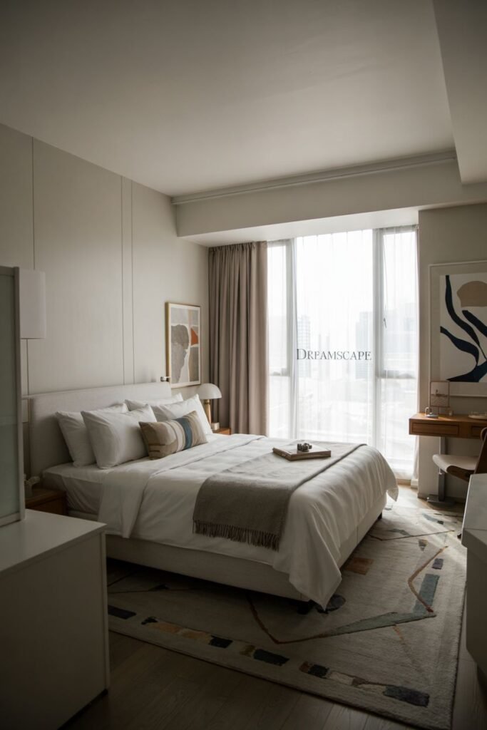 A grey and white bedroom with warm lighting and wooden floors is presented. The bed has white linens and neutral-toned pillows. A desk area by a large window is also visible.