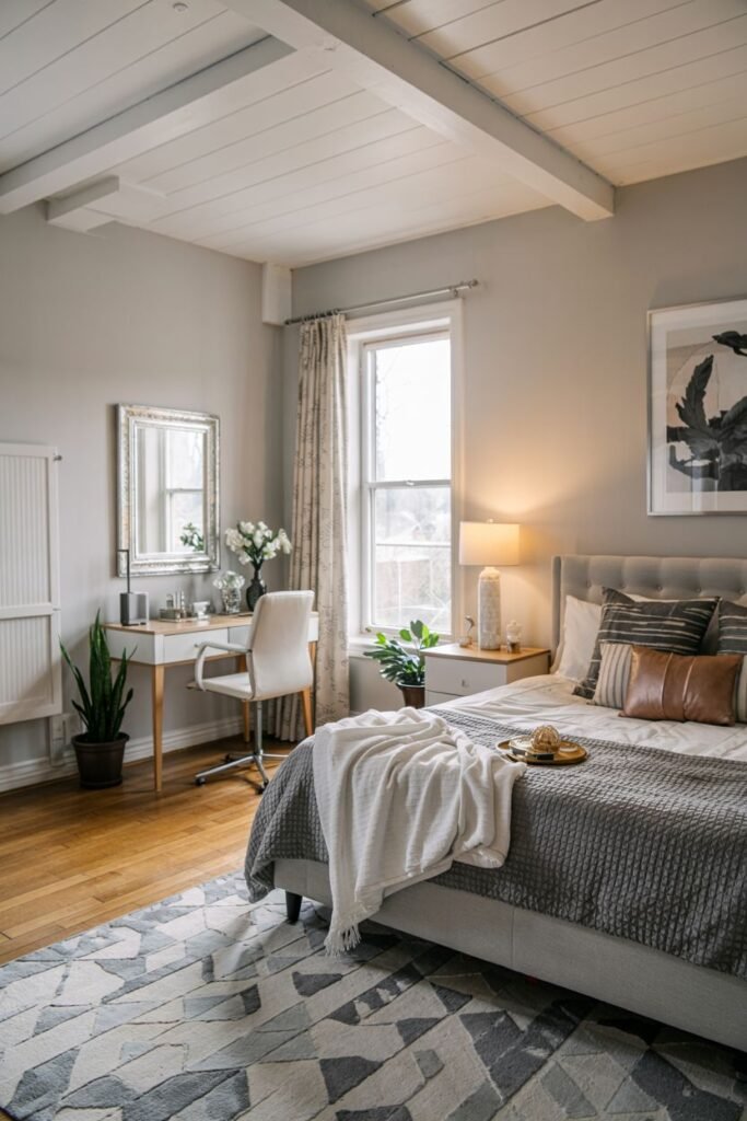This depicts a grey and white bedroom with warm wooden floors and sunlight. The bed has a grey headboard and white and brown bedding. A white vanity table and a potted plant are also in the room.