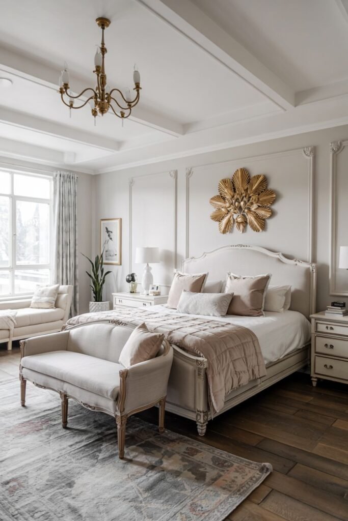 A grey and white bedroom with warm wooden floors and a brass chandelier is shown. The bed has white and neutral-toned bedding and pillows. A bench is at the foot of the bed, and there are white nightstands.