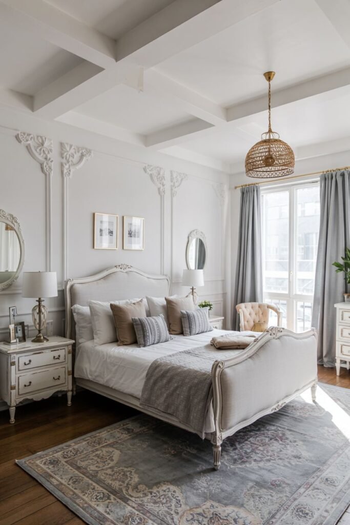 This image shows a grey and white bedroom with warm wooden floors and a woven pendant light fixture. The room features a bed with various neutral-toned pillows, white bedding, and a grey throw. There are white nightstands with lamps on either side of the bed, and artwork and mirrors on the white walls.