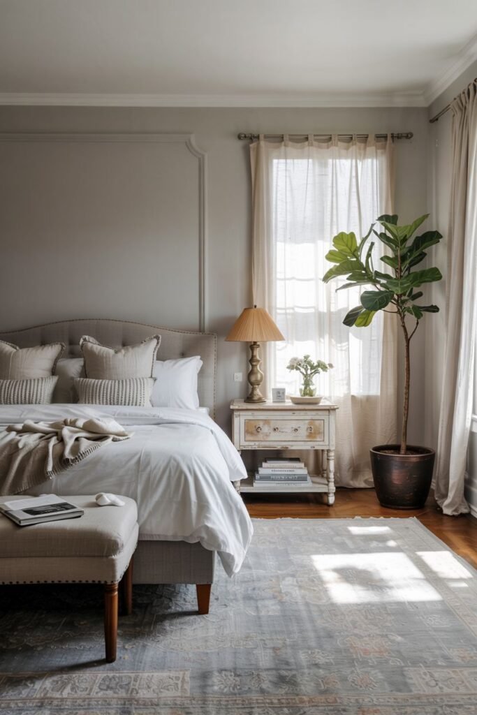 A grey and white bedroom is depicted with warm sunlight illuminating the wooden floor and a patterned rug. The bed has white linens and textured pillows. A wooden nightstand with a lamp and books, along with a potted plant, are visible.