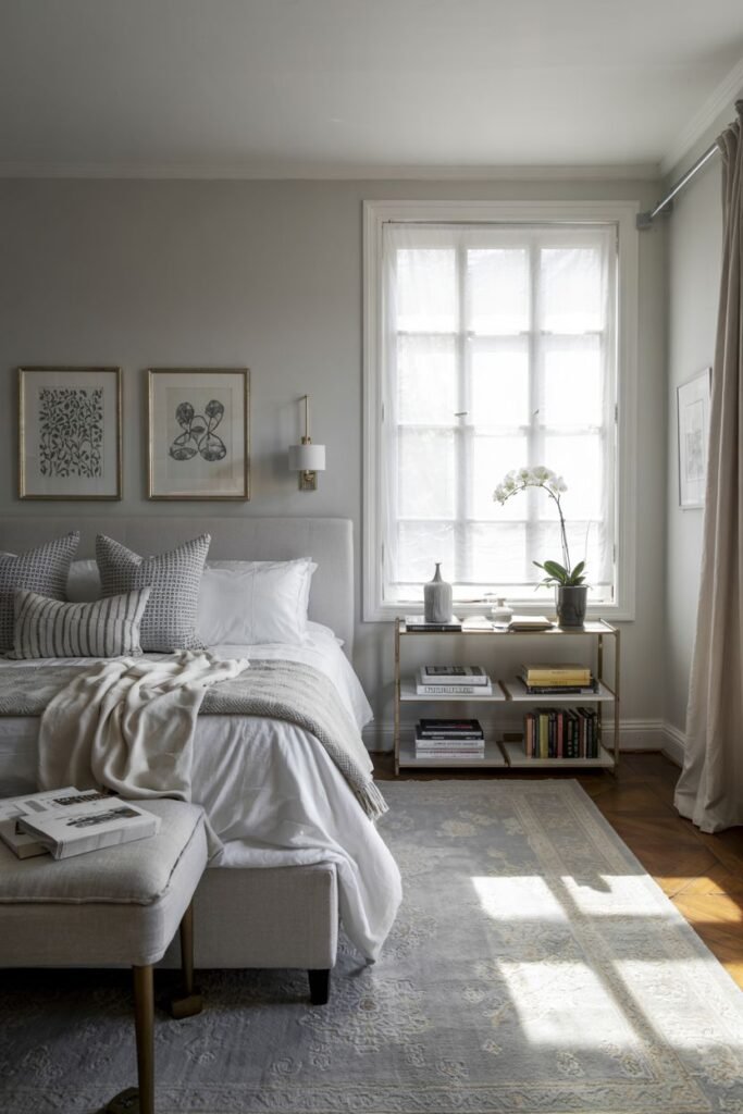 This shows a grey and white bedroom with warm sunlight highlighting a patterned rug. The bed has white bedding and grey patterned pillows. A small shelving unit next to the bed holds books and a plant.
