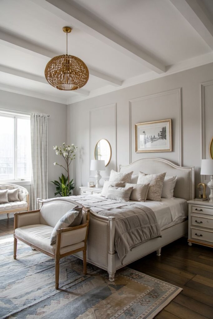 A grey and white bedroom with warm wooden floors and a woven pendant light is shown. The bed has white and neutral-toned bedding and pillows. A bench is placed at the foot of the bed, and there are white nightstands with lamps.