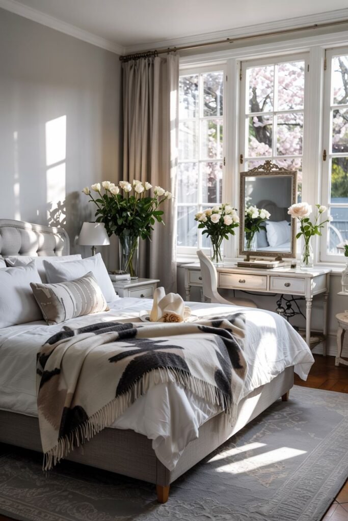 This image features a grey and white bedroom with warm sunlight and wooden floors. A bed with white linens and a patterned throw is the focus. A white vanity table with flowers and a mirror is also visible.