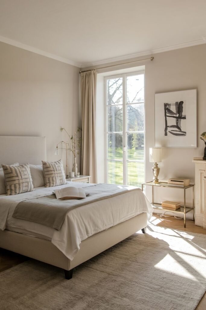 A grey and white bedroom with warm sunlight on a light-colored rug and wooden floor is presented. The bed has white linens and textured pillows. A glass and metal side table with books is next to the bed.