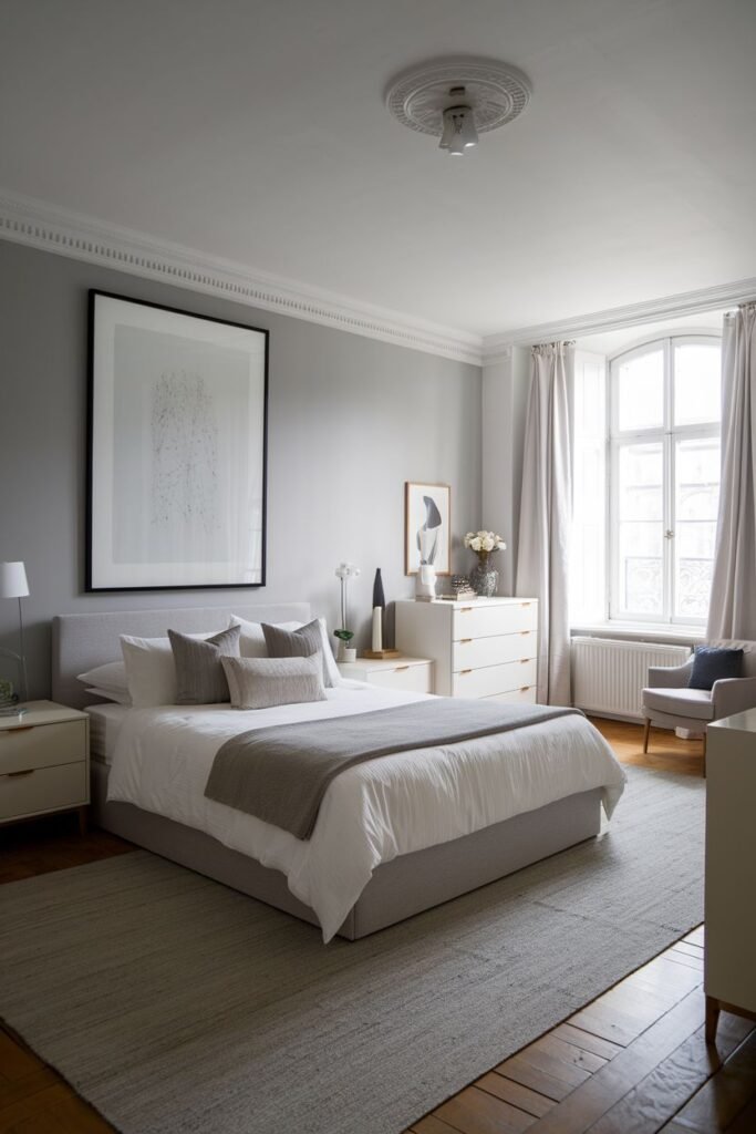 This depicts a grey and white bedroom with warm wooden floors. The bed has white linens and grey pillows. White nightstands and a large framed artwork on the grey wall are visible.