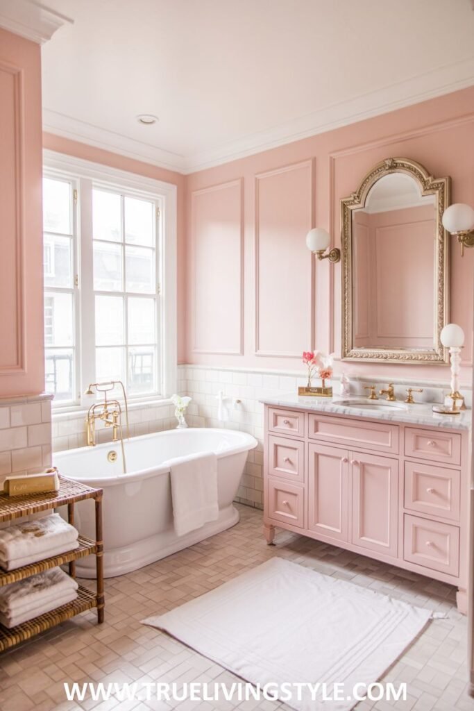 A pastel pink bathroom features a white freestanding bathtub, a pink vanity with a marble countertop, a gold-framed mirror, and white subway tile walls with pink painted upper walls.