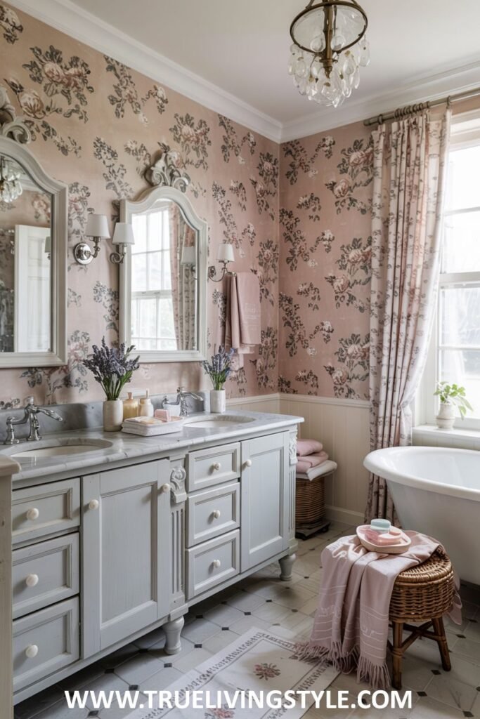 A pastel pink and gray bathroom showcases a floral wallpaper, a gray double vanity with a marble countertop and ornate mirrors, and a white clawfoot bathtub with floral curtains. This is a pastel bathroom.