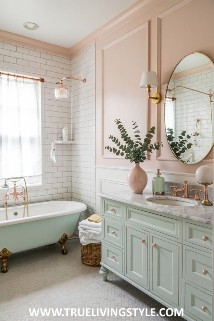 A pastel pink and mint green bathroom features a mint green clawfoot bathtub with gold fixtures, a mint green double vanity with a marble countertop and a gold-framed oval mirror, and white subway tiles with pink accents. This is a pastel bathroom.
