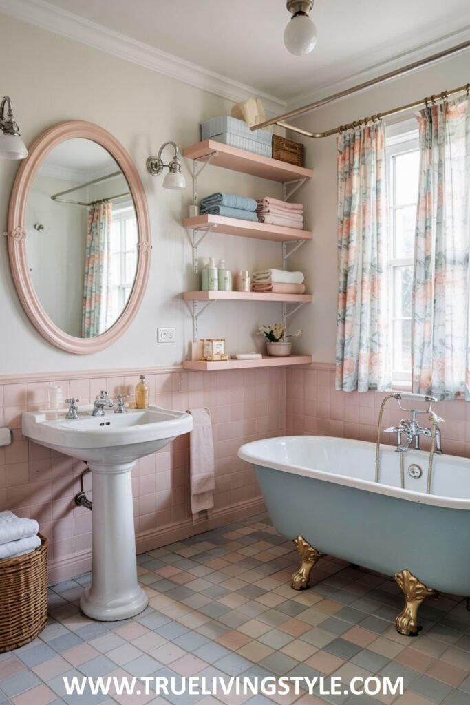 A pastel pink and blue bathroom includes a blue clawfoot bathtub with gold fixtures, a white pedestal sink, pink tiled walls, and open wooden shelves. This is a pastel bathroom.