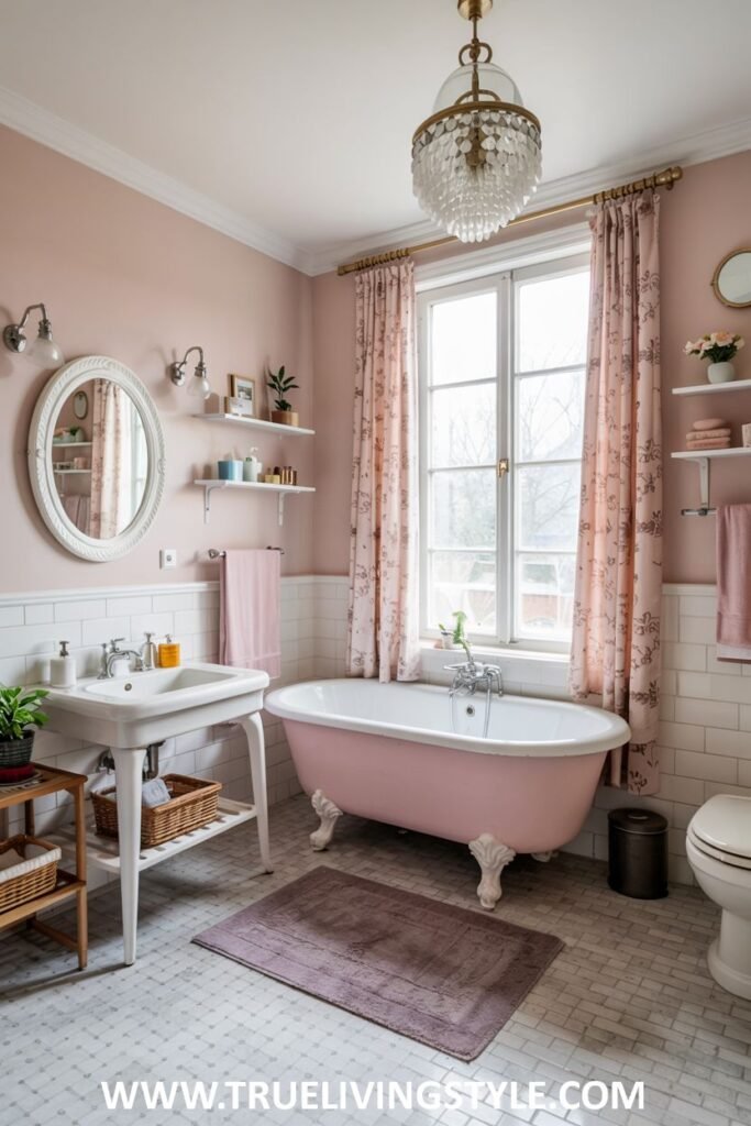 A pastel pink and white bathroom has a pink clawfoot bathtub, a white console sink, open wooden shelving, and a crystal chandelier. This is a pastel bathroom.
