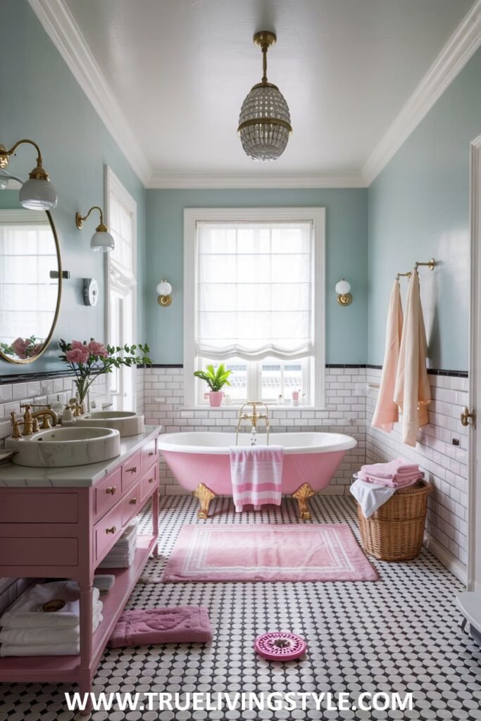 A pastel blue and pink bathroom features a pink clawfoot bathtub with gold fixtures, a pink double vanity with marble countertops and round mirrors, and black and white patterned floor tiles. This is a pastel bathroom.