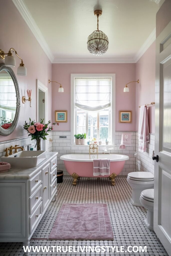 A pastel pink and white bathroom includes a pink clawfoot bathtub, a white double vanity with a marble countertop and a gold-framed mirror, and black and white patterned floor tiles. This is a pastel bathroom.