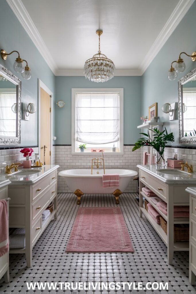 A pastel blue and white bathroom features a white clawfoot bathtub with gold fixtures, two white vanities with marble countertops and gold-framed mirrors, and black and white patterned floor tiles. This is a pastel bathroom.