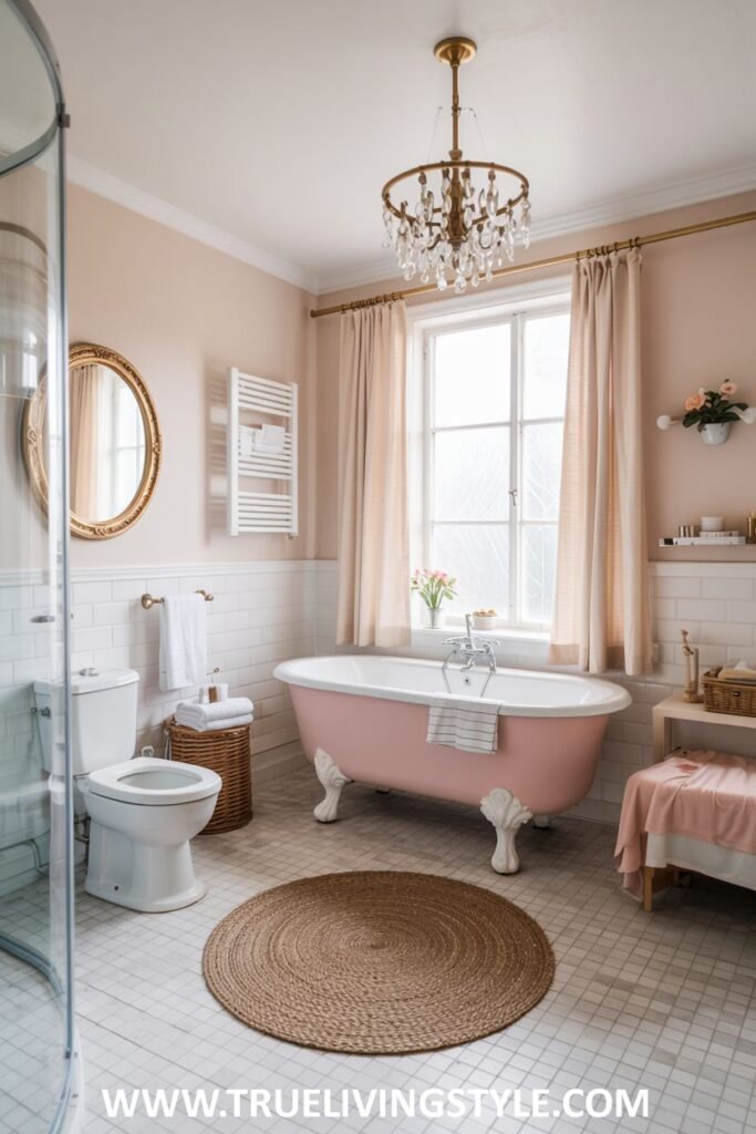 A pastel peach and white bathroom includes a pink clawfoot bathtub, a white toilet, a glass-enclosed shower, and a crystal chandelier. This is a pastel bathroom.