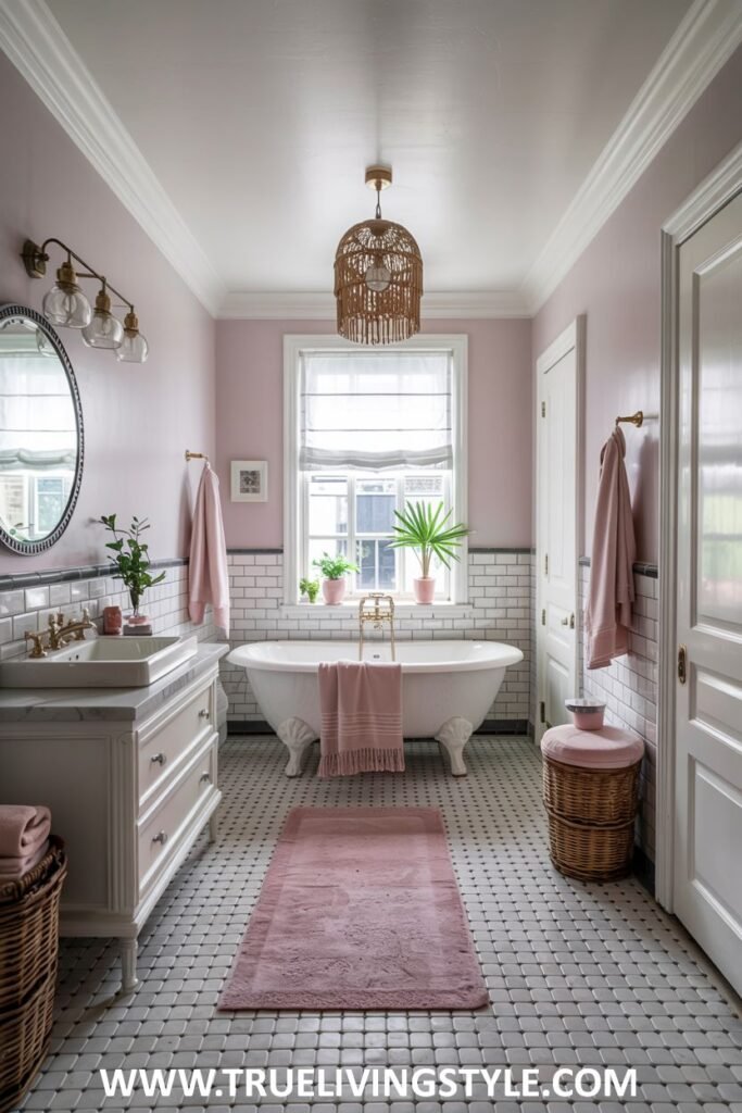 A pastel pink and white bathroom has a white freestanding bathtub, a white double vanity with a marble countertop and an oval mirror, and black and white patterned floor tiles. This is a pastel bathroom.