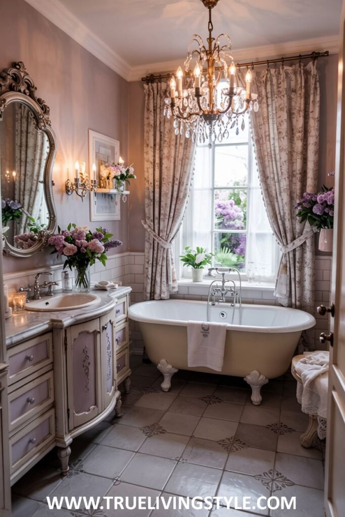 A pastel purple and cream bathroom showcases a clawfoot bathtub with floral curtains on the window, a decorative mirror above a marble-topped vanity, and a crystal chandelier. This is a view into a pastel bathroom.