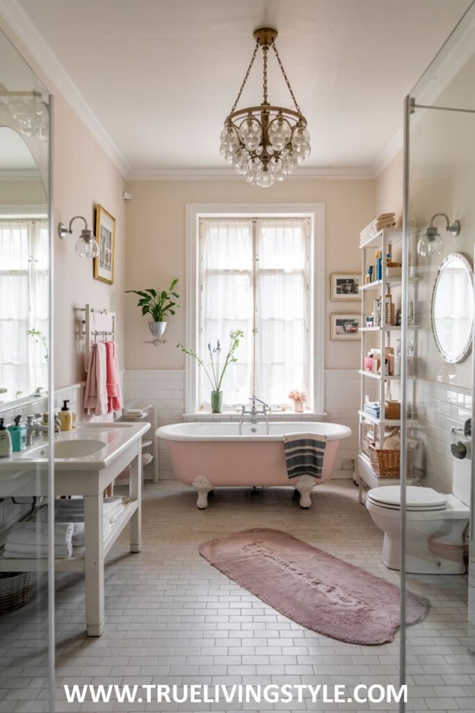 A pastel pink and white bathroom features a pink clawfoot bathtub, a white console sink, open shelving, and a crystal chandelier. This is a pastel bathroom.