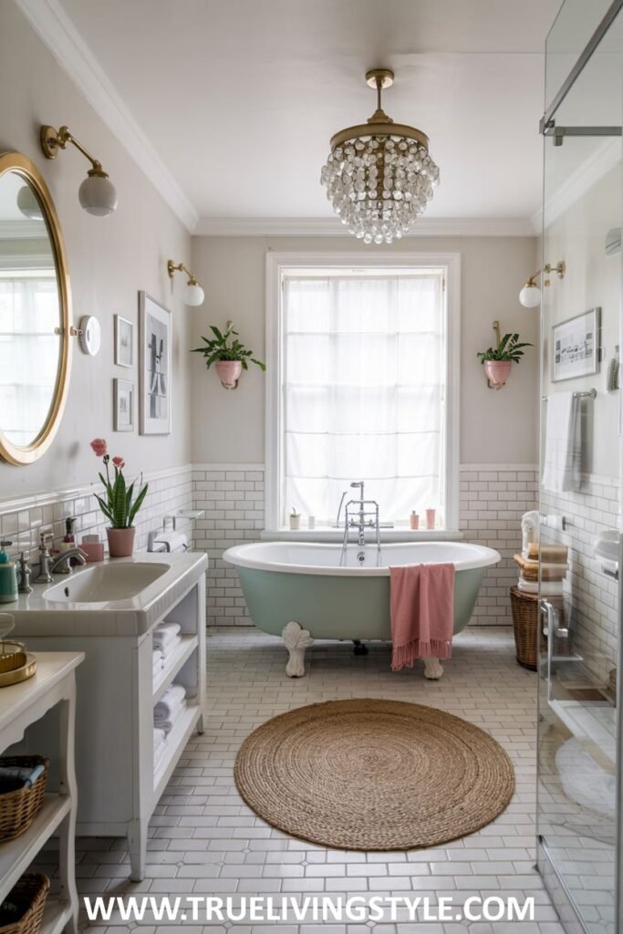 A pastel green and white bathroom includes a light green clawfoot bathtub with gold fixtures, a white console sink, a round woven rug, and a glass-enclosed shower. This is a pastel bathroom.