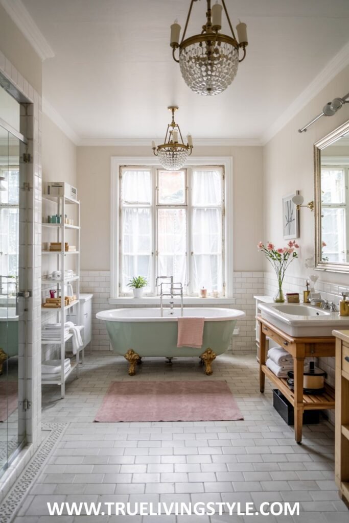A pastel green and white bathroom has a light green clawfoot bathtub with gold fixtures, a wooden vanity with a white sink, a glass-enclosed shower, and two crystal chandeliers. This is a pastel bathroom.