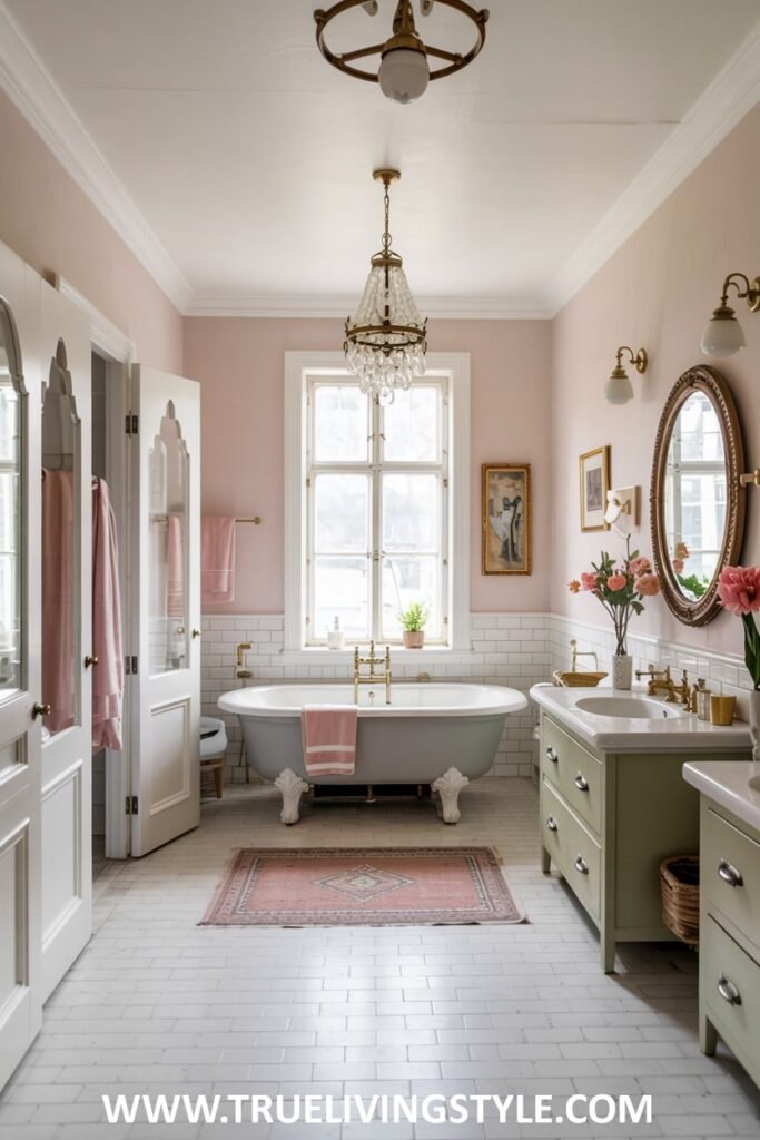 A pastel pink and green bathroom features a light gray clawfoot bathtub, light green double vanities with marble countertops, and a crystal chandelier. This is a pastel bathroom.