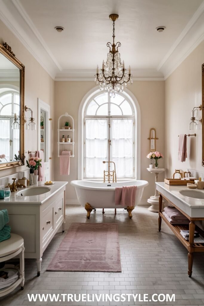 A pastel beige and white bathroom includes a white clawfoot bathtub with gold fixtures under an arched window, two white vanities with marble countertops, and a crystal chandelier. This is a pastel bathroom.