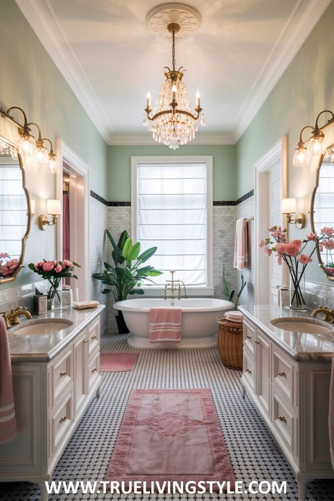 A pastel green and pink bathroom has a white freestanding bathtub with gold fixtures, two white vanities with marble countertops and ornate mirrors, and black and white patterned floor tiles. This is a pastel bathroom.