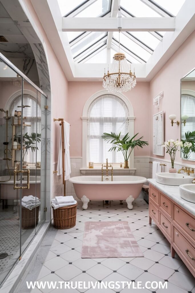 A pastel pink and white bathroom features a pink clawfoot bathtub with gold fixtures under a skylight and an arched window, a pink double vanity with marble countertops, and a glass-enclosed shower. This is a pastel bathroom.