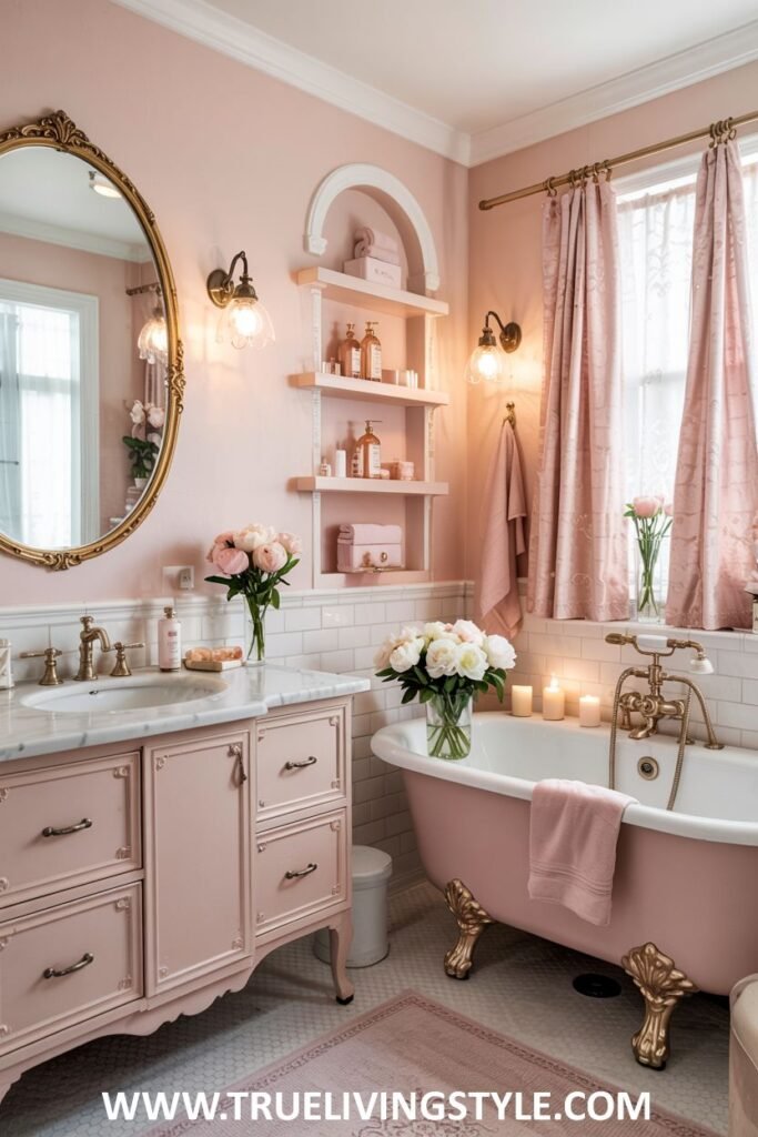 A pastel pink and white bathroom has a pink clawfoot bathtub with gold fixtures, a pink vanity with a marble countertop and an ornate gold mirror, and open shelving. This is a pastel bathroom.