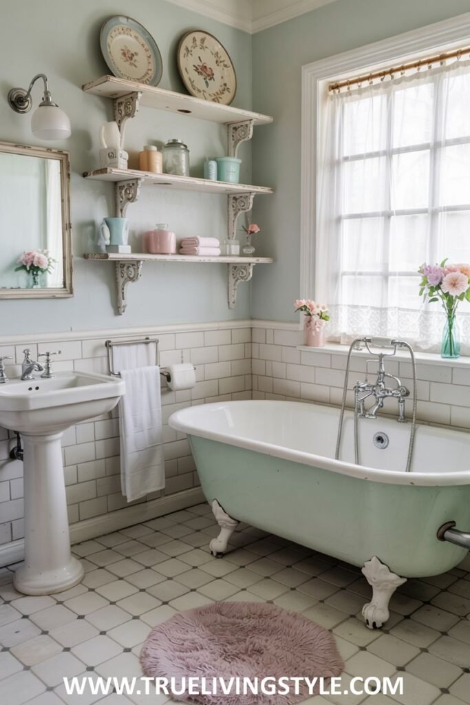 A pastel green and white bathroom features a light green clawfoot bathtub, a white pedestal sink, open shelving with decorative plates, and a sheer curtain on the window. This is a pastel bathroom.