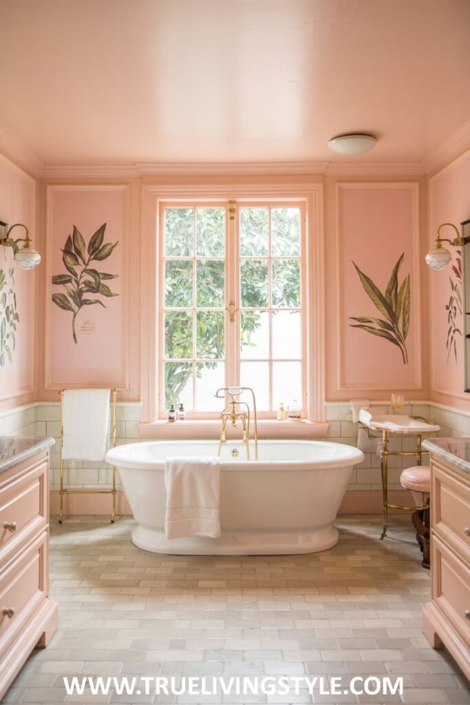 A pastel pink bathroom is decorated with botanical prints on the walls, featuring a white freestanding bathtub with gold fixtures and pink double vanities with marble countertops. This is a view of a pastel bathroom.