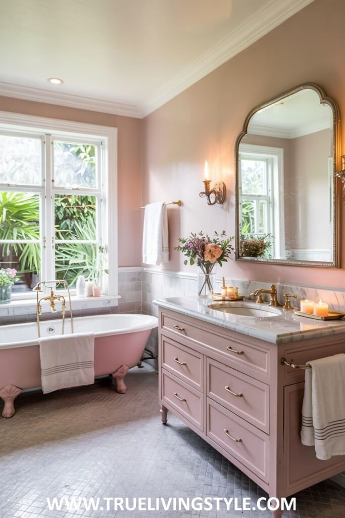 A pastel pink and white bathroom includes a pink clawfoot bathtub, a pink vanity with a marble top and an ornate silver mirror above it, and large windows with natural light. This is a pastel bathroom.