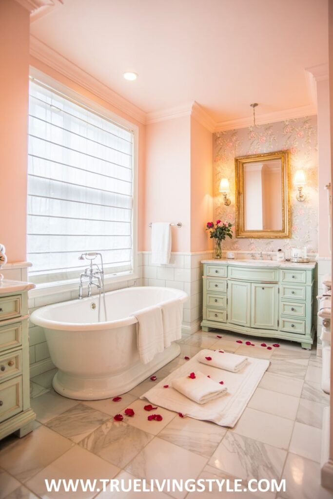 A pastel pink and mint green bathroom has a white freestanding bathtub, a mint green vanity, a gold-framed mirror, and white marble flooring with rose petals scattered on a white rug. This is a pastel bathroom.