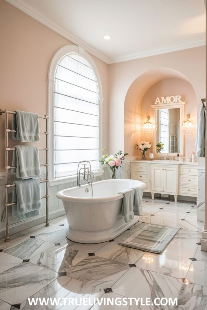A pastel pink and white bathroom features a white freestanding bathtub under an arched window, a white double vanity with a marble countertop and a glowing "AMOR" sign above the mirror, and marble flooring. This is a pastel bathroom.