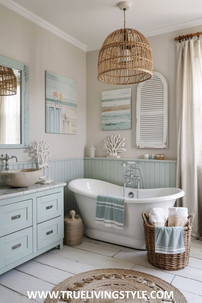 A pastel blue and cream bathroom has a white freestanding bathtub, a light blue vanity with a stone sink, a rustic woven pendant light, and white wood flooring. This is a pastel bathroom.