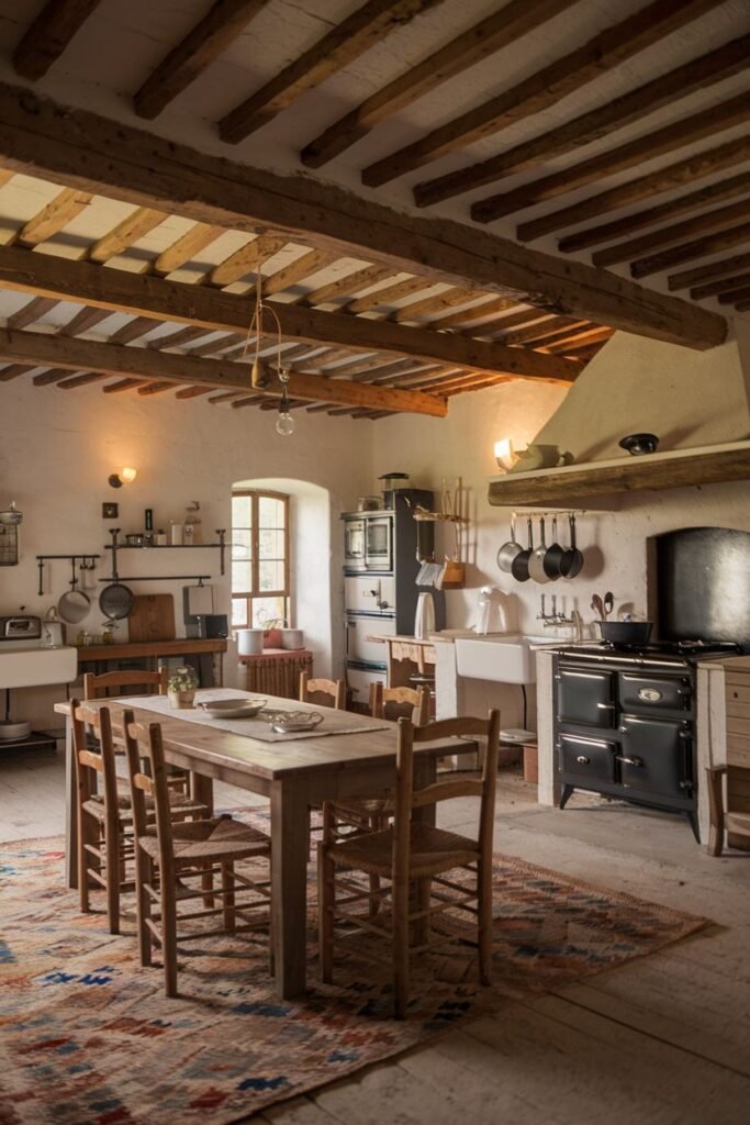 A traditional rustic farmhouse kitchen with a black AGA cooker, white cabinets, a wooden dining table and chairs with a colorful rug underneath, exposed wooden beams, and a stone floor.