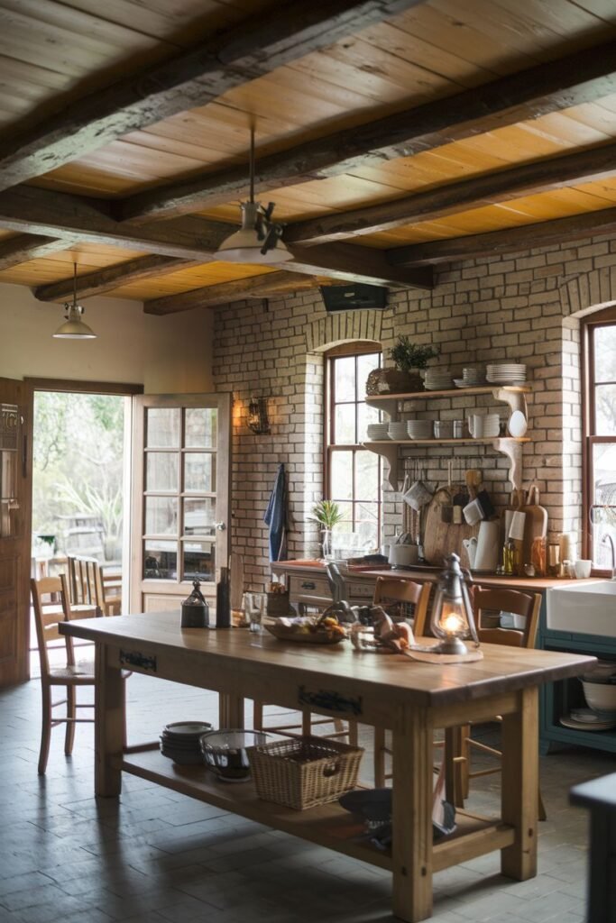 A spacious rustic farmhouse kitchen with brick walls, a large wooden kitchen island with seating, a Belfast sink, exposed wooden beams, and a stone tile floor.