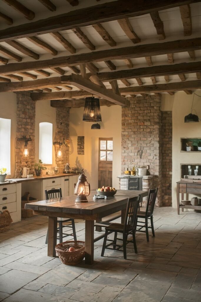 A rustic farmhouse kitchen with brick pillars, white cabinets, a dark countertop, a wooden dining table with black chairs, exposed wooden beams, and a stone tile floor.