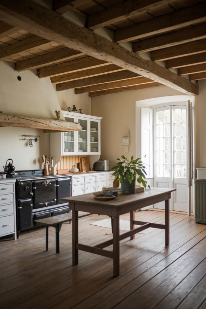 A bright rustic farmhouse kitchen with a black AGA cooker, white cabinets, wooden countertops, a wooden dining table with a plant, exposed wooden beams, and wooden flooring.
