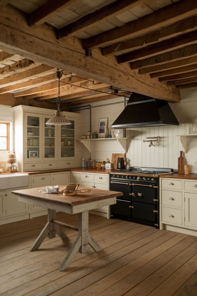 A stylish rustic farmhouse kitchen featuring a black AGA cooker, white cabinets, wooden countertops, a light-colored wooden kitchen island, exposed wooden beams, and wooden flooring.