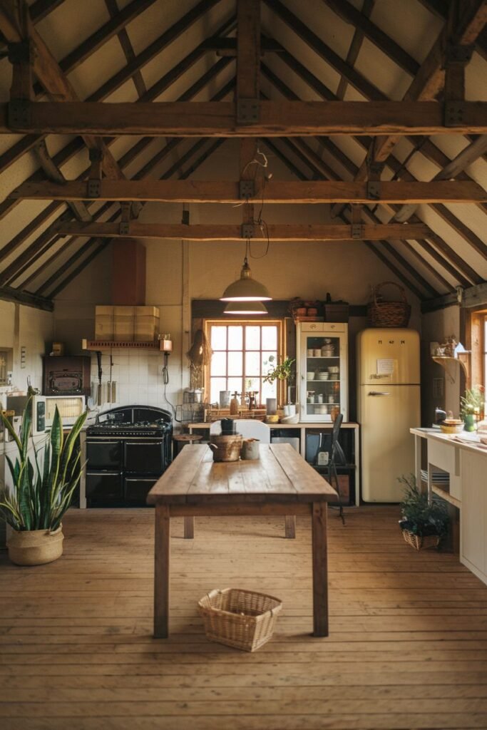 A large rustic farmhouse kitchen with wooden flooring, exposed wooden beams, a black AGA cooker, a light yellow refrigerator, and a long wooden dining table.