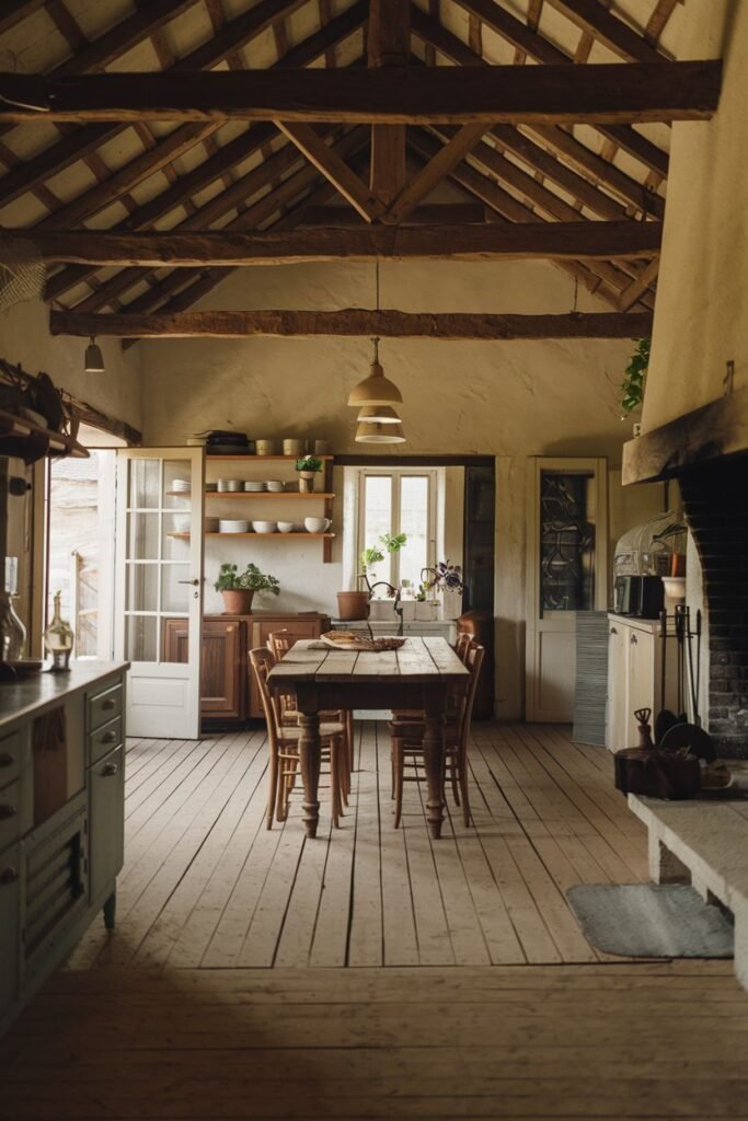 A rustic farmhouse kitchen with wooden flooring, exposed wooden beams, a dark AGA cooker, a large wooden dining table and chairs, and a traditional hearth.