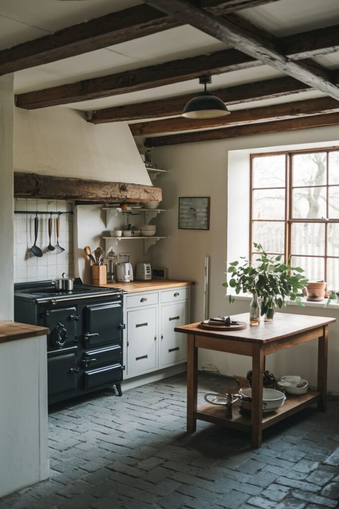 A view of a rustic farmhouse kitchen featuring a black AGA cooker, white cabinets, a wooden countertop, a wooden kitchen island with dishes, exposed wooden beams on the ceiling, and a brick floor.