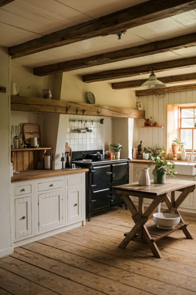 A bright and airy rustic farmhouse kitchen with a black AGA cooker, white cabinets, wooden countertops, a wooden kitchen island with plants, exposed wooden beams, and wooden flooring.