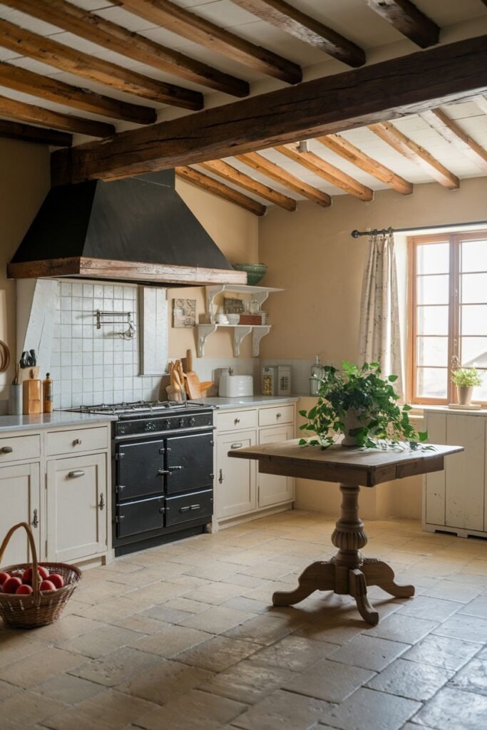 A rustic farmhouse kitchen with a black AGA cooker, white cabinets, a light countertop, a wooden pedestal table with greenery, exposed wooden beams on the ceiling, and a stone tile floor. A basket of apples is visible in the foreground.