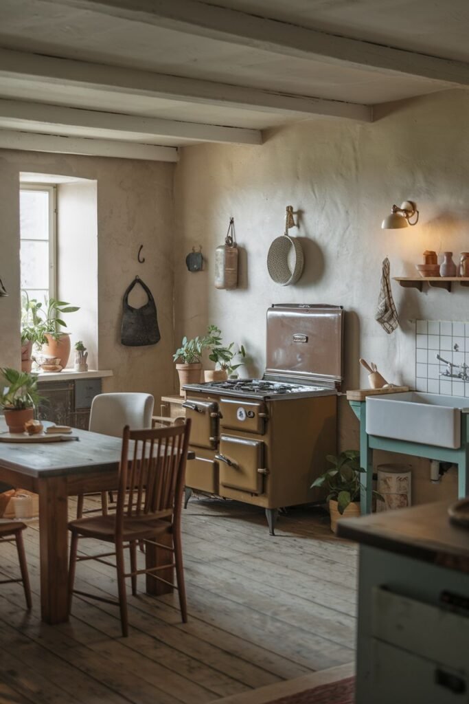 A cozy rustic farmhouse kitchen with a brown AGA-style cooker, light-colored walls, wooden floors, a wooden dining table and chairs, a Belfast sink, and exposed ceiling beams.