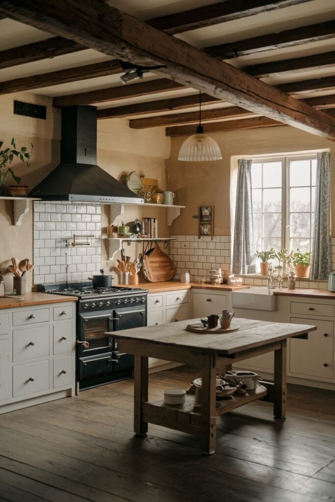 A spacious rustic farmhouse kitchen featuring a black AGA cooker, white cabinets, wooden countertops, a large wooden kitchen island, white subway tile backsplash, exposed wooden beams, and wooden flooring.