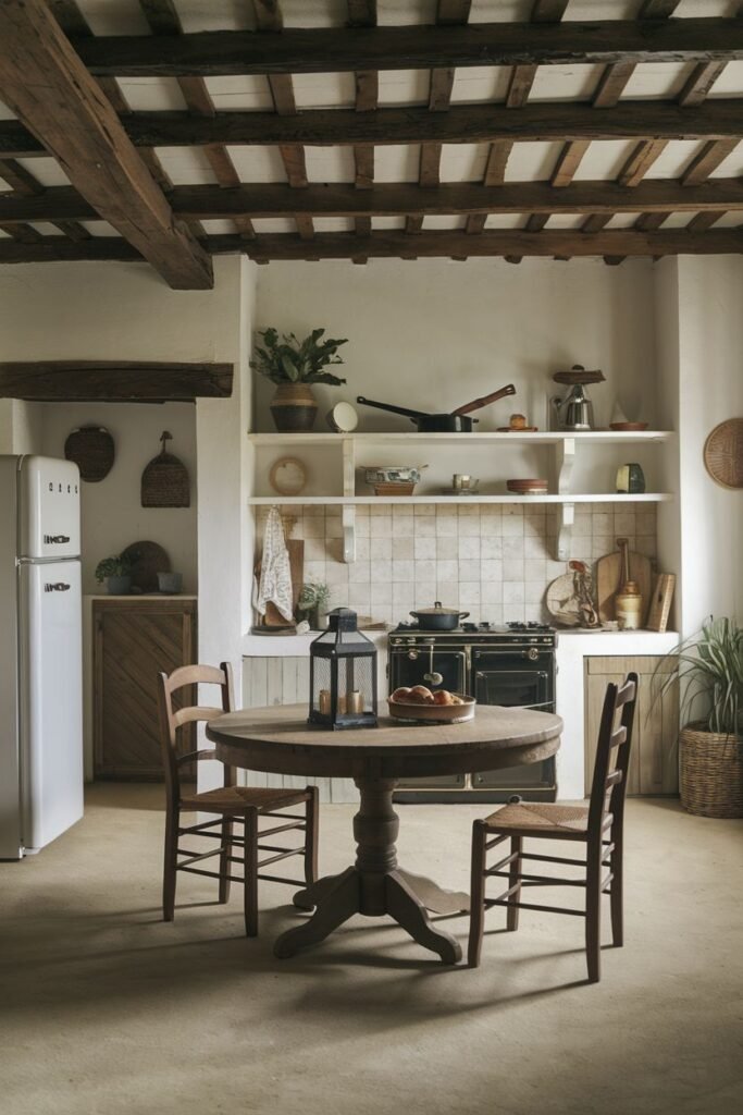 A bright rustic farmhouse kitchen with a black AGA cooker, white cabinets, open shelving, a round wooden dining table with chairs, a white refrigerator, and a light-colored floor.